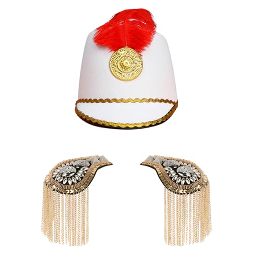 MSemis Kinder Marching Band Hut mit Golden Fransen Schulterklappen Set Soldatenhut Majoretten-Hut Uniform Epauletten Marching Band Kostüm Cosplay Weiß A One Size von MSemis