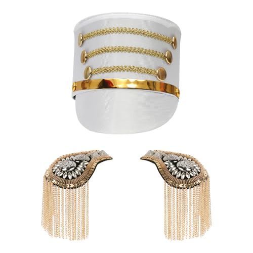 MSemis Kinder Marching Band Hut mit Golden Fransen Schulterklappen Set Soldatenhut Majoretten-Hut Uniform Epauletten Marching Band Kostüm Cosplay Weiß B One Size von MSemis