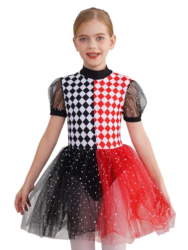 MSemis Kinder Zirkus Clown Kostüm für Mädchen Kurzarm Tutu Kleid Glänzendes Pailletten Tanz Partykleid Halloween Verkleidung Rot 146-152 von MSemis