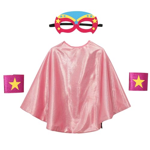 MSemis Kinderkostüm Set Umhang Maske Star Sticker Armbänder Junge Mädchen Superhelden Cosplay Kostüm Cosplay Masquerade Rosa One Size von MSemis