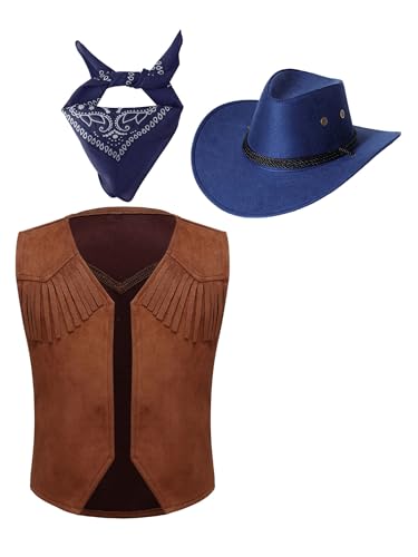 MSemis Kostüm Cowgirl Cowboy Kinder 3-teilig Wilder Westen Fransenweste Halstuch und Cowboyhut Set Faschingskostüm für Mottoparty Halloween Navy blau 134-140 von MSemis