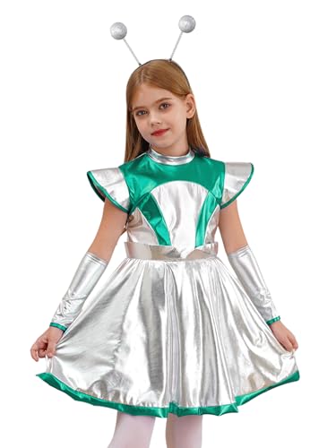 MSemis Mädchen Alien Kleid Metallic Space Cutie Kleid mit Arm Sleeve und Haarreifen Zubehör Verkleidung Cosplay Grün Silber 134-140 von MSemis