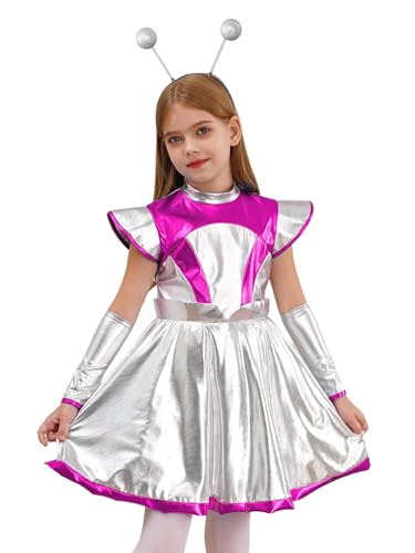 MSemis Mädchen Alien Kleid Metallic Space Cutie Kleid mit Arm Sleeve und Haarreifen Zubehör Verkleidung Cosplay Rosa 134-140 von MSemis