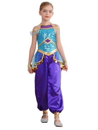 MSemis Mädchen Araberin Prinzessin Kostüm ärmellose Tüll Pailletten Bodysuit mit Handgelenk Band Weihnachten Fasching Tanzen Outfits Blau 158-164 von MSemis