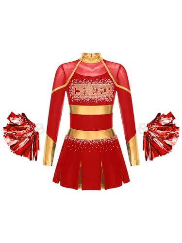 MSemis Mädchen Cheer Leader Cheerleading Kostüm Langarm Schulmädchen Uniform mit Pom Pom Karneval Fasching Party Halloween Kostüm Rot 158-164 von MSemis