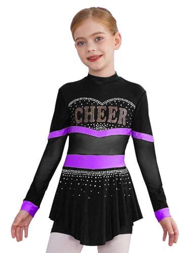 MSemis Mädchen Cheer Leader Kostüm Langarm Mesh TanzKleid Glänzende Kurz Sportkleid Schulmädchen Kleid Halloween Karneval Party Violett 158-164 von MSemis