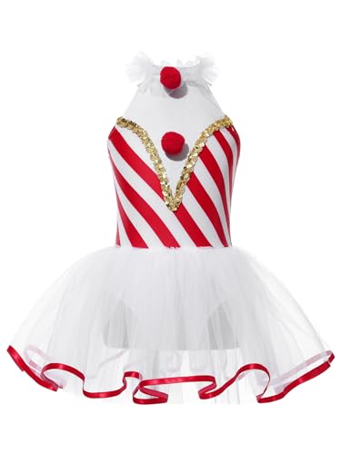 MSemis Mädchen Weihnachten Kleid Tütü Ärmellos Ballett Tanzkleid Trikot Streifen Tanzkleid Neckholder PartyKleid Wettbwerb Outfits Rot 134-140 von MSemis