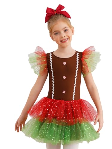 MSemis Mädchen Weihnachtskleid Ärmellos Lebkuchenmann Kostüm Kurz Tutukleid Festliches Partykleid Tanzkostüm Braun 122-128 von MSemis