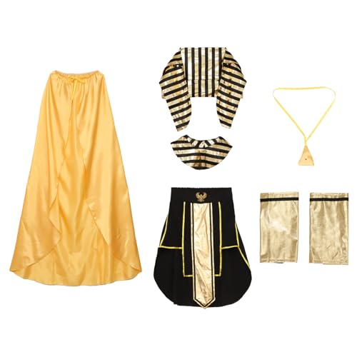 MSemis Männer Ägyptisch Pharao Cosplay Set Pharao Kopfbedeckung Halskragen Halskragen Manschetten Taillenrock Mantel Cape für Halloween Cosplay Karneval Gold M von MSemis