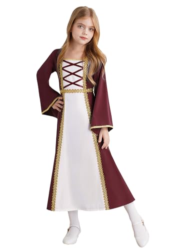 MSemis Mittelalter Kleid Mädchen Kinder Renaissance Maxikleid Vintage Viktorianisches Lange Kleider Cosplay Halloween Verkleidung Burgundy 122-128 von MSemis