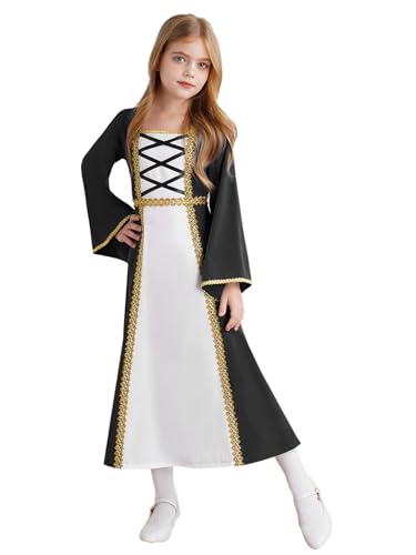 MSemis Mittelalter Kleid Mädchen Kinder Renaissance Maxikleid Vintage Viktorianisches Lange Kleider Cosplay Halloween Verkleidung Schwarz 170 von MSemis