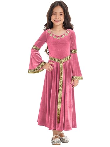 MSemis Mittelalterliche Renaissance Mädchen kinder Prinzessin Kleid Samt Partykleid Mit Trompetenärme Vintage Retro Maxikleid Festkleid Rosa 110-116 von MSemis