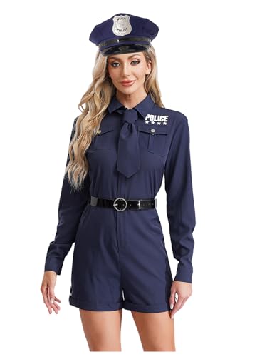 MSemis Polizistin Uniform Set für Damen Langarm Bodysuit Cop Jumpsuit mit Krawatte Gürtel und Hut Rollenspiel Verkleidung Navy blau 3XL von MSemis