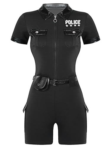 MSemis Polizistin Uniform für Damen Kurzarm Jumpsuit Polizei Uniform Outfits mit Gürtel und Geldbörse Halloween Cop Cosplay Anzug Schwarz 3XL von MSemis