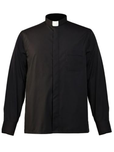 MSemis Priester Kostüm Herren Schwarzes Hemd Langarm Priesterhemd Priester Klerus Shirts Contrast Tag Top für Prediger Cosplay Lange Ärmel 3XL von MSemis