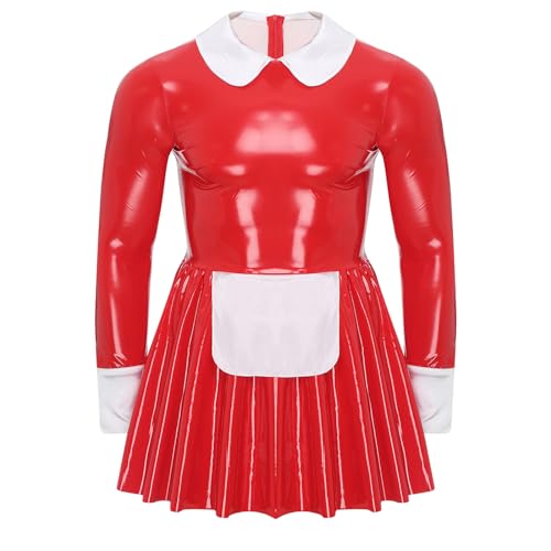 MSemis Sexy Dienstmädchen Latex Kleid Herren Sissy Kostüm Kurzarm Maid Uniform Dienstmädchen Cosplay Halloween Outfits Rot 3XL von MSemis