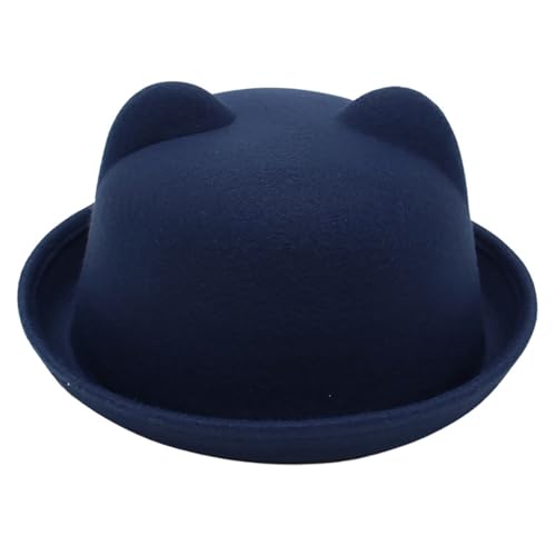 MSemis Unisex Filz Fedora-Hut Cute Melonen Hut mit Niedlich Bär Ohren Bowler-Kappe Jazz-Hut Sommerhut für Performance Halloween Fasching Marineblau Kids Einheitsgröße von MSemis