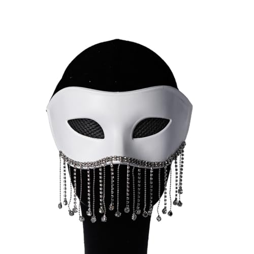 MSemis Unisex Venezianische Maske Vintage Halb Gesichtsmaske mit Strass/Schleier Deko Maskerade Maske Cosplay Maske Karnevalsmaske Weiß A One Size von MSemis