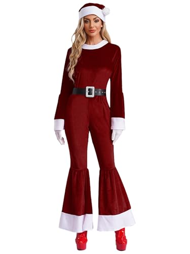 MSemis Weihnachten Santa Kostüm für Frauen Langarm Ausgestellter Overall und Weihnachtsmütze Set Xmas Party Outfits Burgundy L von MSemis