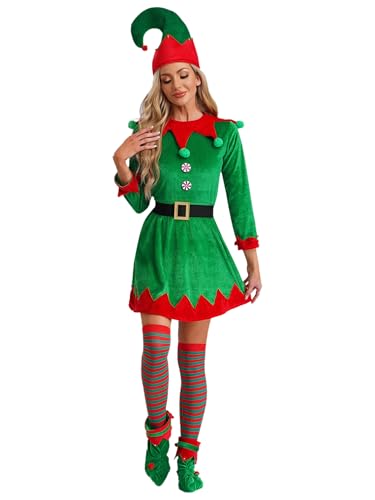 MSemis Weihnachtself Kostüm Set Damen Elfenohren Kleid Hat Socken Schuhe Gürtel Zubehör Cosplay Party Karneval Grün XXL von MSemis