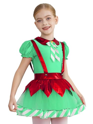 MSemis Weihnachtskleid Kinder Mädchen Kurzarm Zuckerstange Kostüm Tanzkleid mit Tutu Rock Festkleider Karneval Party Clubwear Grün 146-152 von MSemis