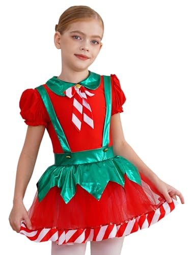 MSemis Weihnachtskleid Kinder Mädchen Kurzarm Zuckerstange Kostüm Tanzkleid mit Tutu Rock Festkleider Karneval Party Clubwear Rot 134-140 von MSemis