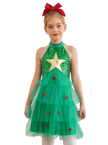 MSemis Weihnachtskleid Mädche Ärmellos Prinzessin Xmas Party Tutu Kleid Mesh Tanzkleid Festtagskleid Sweatkleid Grün 110-116 von MSemis