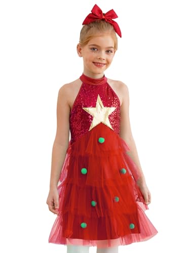 MSemis Weihnachtskleid Mädche Ärmellos Prinzessin Xmas Party Tutu Kleid Mesh Tanzkleid Festtagskleid Sweatkleid Rot 110-116 von MSemis