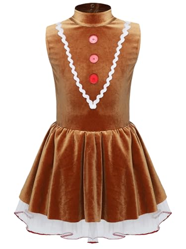 MSemis Weihnachtsmannkostüm für Mädchen Samt Lebkuchenmann Kleid Ärmellos Prinzessin Kleid A-Linie Partykleid Braun 134-140 von MSemis