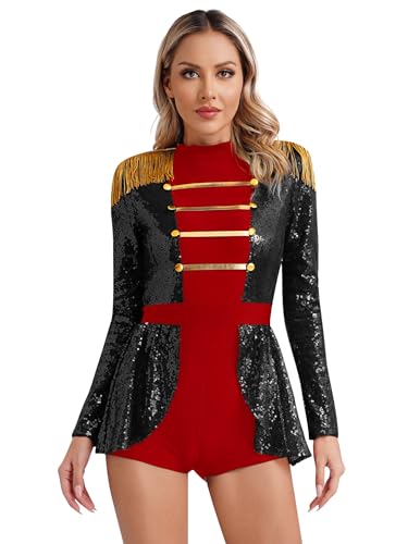 MSemis Zirkus Dompteur Kostüm Damen Glitzernde Paillette Bodysuit Langarm Jumpsuit Ringmaster Uniform Karneval Schwarz 3XL von MSemis