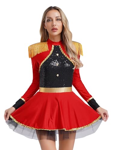 MSemis Zirkuskostüm für Damen Kleid mit Langen Ärmeln Fransen Pailletten Zirkus Ringmaster Vintage Kostüm Circus Verkleidung Tanz Trikot Halloween Fasching Rot XL MSemis Zirkuskostüm für Damen Kleid mit Langen Ärmeln Fransen Pailletten Zirkus Ringmaster Vintage Kostüm Circus Verkleidung Tanz Trikot Halloween Fasching Rot XL von MSemis