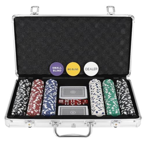 MT MALATEC Texas Holdem Pokerset mit Pokerkoffer aus Aluminium Abschließbar 2 Kartendecks 300 Pokerchips 5 Würfel Spielset 23528 von MT MALATEC