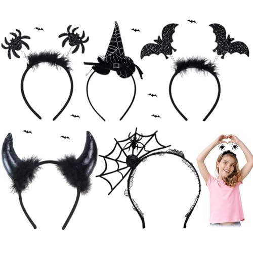 MTCDDCL Halloween Haarreifen Halloween Stirnband mit Hexenhut Fledermaus Spinnennetz Dämon Horn Spinnen Stirnband Haarband Halloween Cosplay Kostüm Halloween Party Haar Accessoires von MTCDDCL