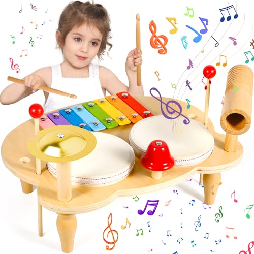 MTINRNI 10 in 1 Multifunktionale Musikinstrumente für Kinder,Kinderspielzeug,Holz Musikspielzeug Trommel,Montessori Baby Toys,3 4 5 6 Mädchen Jungen Geschenke Lernspielzeug Schlagzeug. von MTINRNI