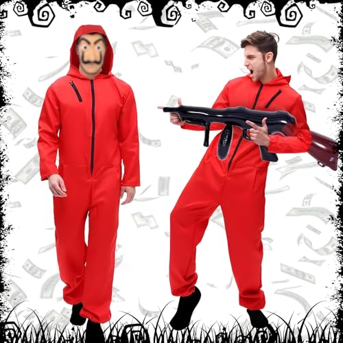 MTINRNI Halloween Kostüm,Haus des Geldes Kostüm Set - 3 in 1 Set,Rot Langarm Strampler mit Kapuze,Maske Und Gewehr Aufblasbar,Cosplay Kostüm,für Erwachsene Unisex für Fasching & Themenparty.L(180CM) von MTINRNI