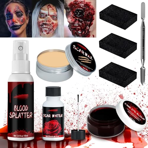 MTINRNI Halloween Schminke Set,Hautwachs+Kunstblut Sprühen+Verkrustetes Kunstblut+Fake Wunden Wasser+Spachtel+3xSchwamm,Wunden Schminken Set für Halloween Zombie Vampir Wunden Narben Schminke. von MTINRNI