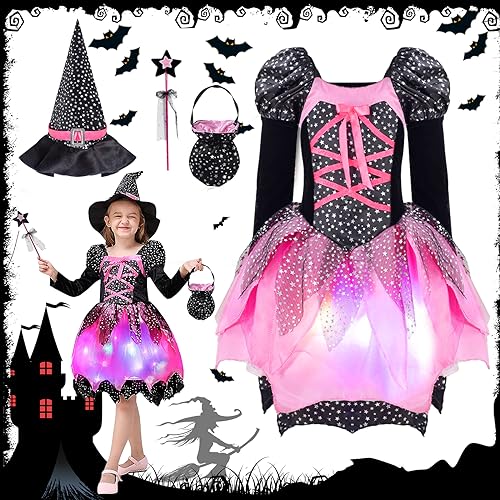 MTINRNI Hexenkostüm Mädchen mit Lichter,Kostüm Halloween Hexenkostüm Kinder Halloween Kostüm Set 5 teilig,Mädchen Fasching Cosplay Karneval Party Glitzer mit Hexenhut& Zauberstab Zauberer Kostüm130cm von MTINRNI