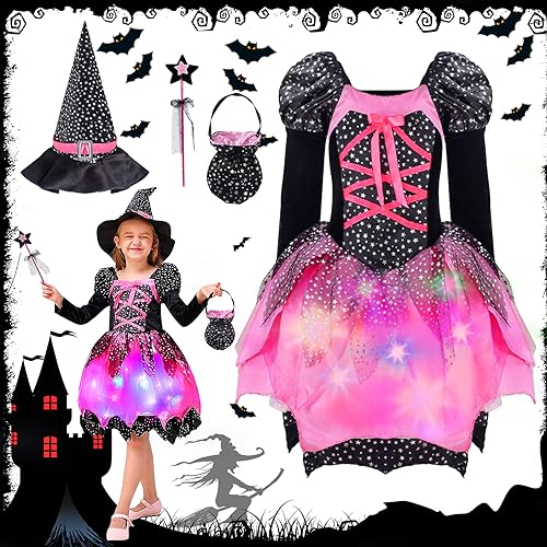 MTINRNI Hexenkostüm Mädchen mit Lichter,Kostüm Halloween Hexenkostüm Kinder Halloween Kostüm Set 5 teilig,Mädchen Fasching Cosplay Karneval Party Glitzer mit Hexenhut& Zauberstab Zauberer Kostüm120cm von MTINRNI