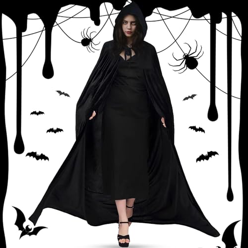 MTINRNI Schwarzer Umhang,Halloween Umhang Kostüm, Kapuze Umhang, SAMT Cape Vampir Kostüm Erwachsener Unisex- Gr,für Karneval Halloween Cosplay Kostüm(XL-170cm) von MTINRNI