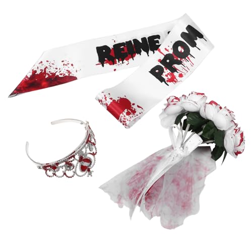 MUCKLILY Halloween Bloody Bride Kostüm Set mit Schulterband Tiara und Bouquet Zombie Prom Queen Cosplay Zubehör für Ghost Bride Party und Horror Verkleidung MUCKLILY Halloween Bloody Bride Kostüm Set mit Schulterband Tiara und Bouquet Zombie Prom Queen Cosplay Zubehör für Ghost Bride Party und Horror Verkleidung von MUCKLILY