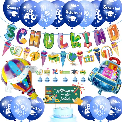 Einschulung Deko Junge, Deko Einschulung Junge Mädchen SCHULKIND Girlande, Zuckertüten Banner, 18 Luft-ba-llons mit ABC 123 Schulkind Motiv, Tortendeko, 2 Folienballon Schulanfang Deko (Blau) von MUEZDUR