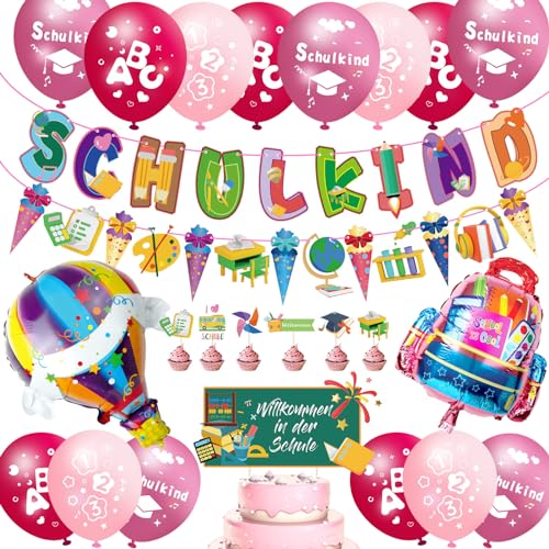 Einschulung Deko Mädchen, Deko Einschulung Mädchen SCHULKIND Girlande, Zuckertüten Banner, 18 Luft-ba-llons mit ABC 123 Schulkind Motiv, Konfetti, 2 Folienballon Schulanfang Schuleinführung Deko(Rosa) von MUEZDUR