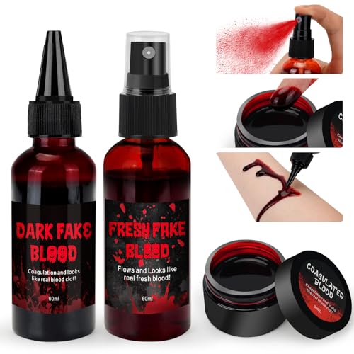 Premium Kunstblut,Halloween Fake-Blut-Set, 3-teiliges SFX Fake-Blut-Set mit 60 ml Fake-Blut-Spray, 60 ml tropfendem Blut und 30 g geronnenem Gelblut für Make-up, Spezialeffekte von MUEZDUR