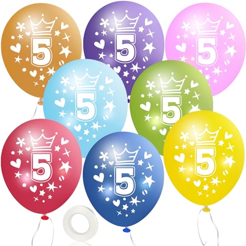 MUEZDUR 12 kunterbunte Luftballons 5. Geburtstag 30cm Luftballon Deko mit 1 Rollen Weiß Band, 5. Deko Geburtstag Mädchen Junge Jubiläum 5. Jahre Ballon Zahl 5 von MUEZDUR