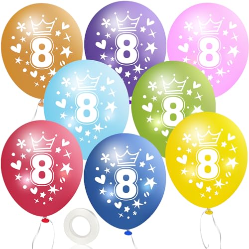 MUEZDUR 12 kunterbunte Luftballons 8. Geburtstag 30cm Luftballon Deko mit 1 Rollen Weiß Band, 8. Deko Geburtstag Mädchen Junge Jubiläum 8. Jahre Ballon Zahl 8 von MUEZDUR