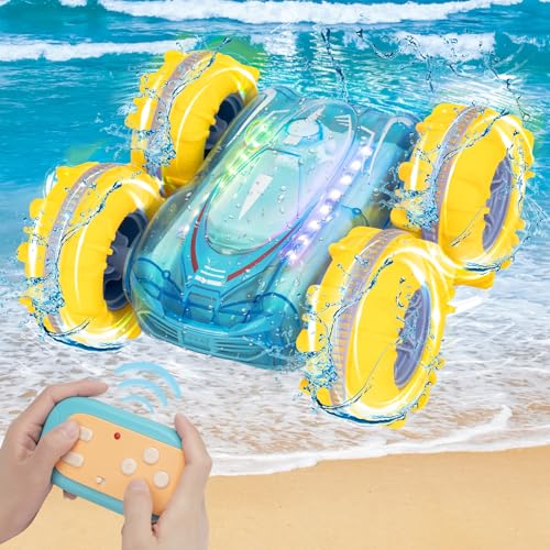 MUEZDUR Amphibienfahrzeug Ferngesteuertes Auto mit LED Licht，Wasserdichter RC Stunt Auto 4WD 360° Flip 2.4G RC Crawler Spielzeug Mädche Jungen für 3 4 5 6 7 8+ Jahre für Geburtstags von MUEZDUR