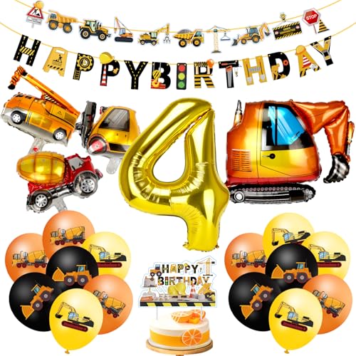 MUEZDUR Bagger Deko Kindergeburtstag 4, Geburtstagsdeko 4 Jahre Jungen Baustellen Geburtstagdeko Junge 4 Jahre Traktor Bagger Happy Birthday Banner für Junge Party Dekoration von MUEZDUR