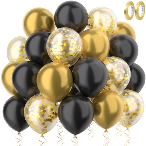 MUEZDUR Luftballons Gold Schwarz mit Gold Konfetti Ballons Luftballons hochzeit Set 60 Stück Helium Ballons mit 2 Rollen goldener Band als Baby Shower Geburtstag Jubiläum Party Deko Graduierung von MUEZDUR