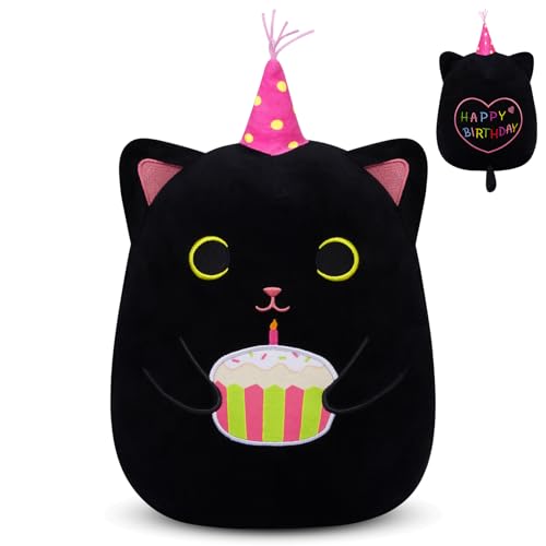 Schwarze Katze Plüschtiere - 14in Alles Gute zum Geburtstag Katze Plüschkissen,Schwarze Katze Plüschpuppen Plüsch Puppe,Niedliche Katze Stofftiere für Mädchen Jungen Kinder Partei Weihnachten von MUFEIRUO