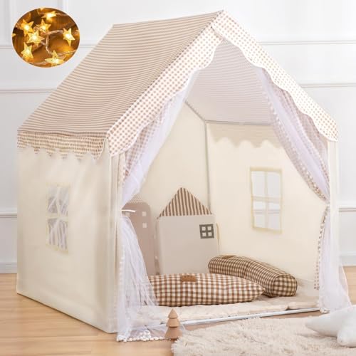 Kinder Spielhaus Indoor,Kinder Bettzelt,Spielzelt für Drinnen,Prinzessin Zelt mit Fenstern, Kinderspielhaus, Kuschelecke Kinderzimmer Dekor(Beige) von MUHMUH